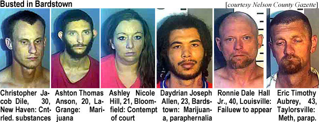 jakedile.jpg Busted in Bardstown (Nelson County Gazette): Christopher Jacob Dile, 30, New Haven, cntrled substances; Ashton Thomas Anson, 20, LaGrange, marijuana; Ashley Nicole Hill, 21, Bloomfield, contempt of court; Daydrian Joseph Allen, 23, Bardstown, marijuana, paraphernalia; Ronnie Dale Hall Jr., 40, Louisville, failure to appear; Eric Timothy Aubrey, 43, Taylorsville, meth, parap.