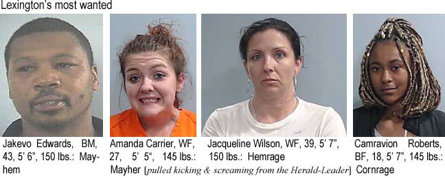 jakevoge.jpg Lexington's most wanted: Jakevo Edwards, BM, 43, 5'6", 150 lbs, mayhem; Amanda Carrier, WF, 27, 5'5", 145 lbs, mayher; Jacqueline Wilson, WF, 39, 5'7", 150 lbs, Hemrage; Camravion Roberts, BF, 18, 5'7", 145 lbs, cornrage (pulled kicking & screaming from the Herald-Leader)