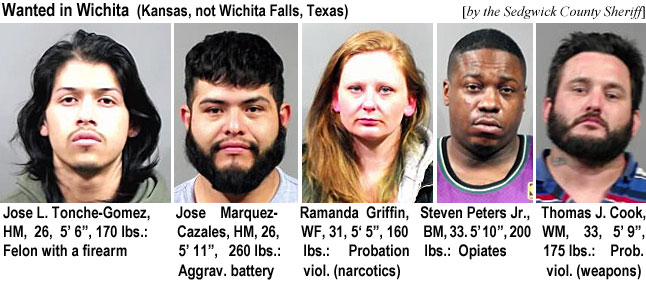 pebustos.jpg Wanted in Wichita Falls (Texas, not Wichita, Kansas) (Texoma's most wanted): : Pedro Alejandro Bustos, HM, 69, 5'11", 186 lbs, cntrld. substs.; Keisha Dwantte Williams, BF, 36, 5'5", 110 lbs, probation violation (child endangerment); Eddie L. Griffin, BM, 57, 5'9", 220 lbs, controlled substs.; Christin Matthews, WF, 39, 5'3", 111 lbs, ctrl. substs.; Christopher Earl Cribbs, WM, 50, 5' 10", 230 lbs, prob. viol. (card abuse)