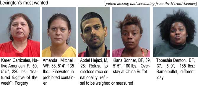 karenabd.jpg Lexington's most wanted (pulled kicking and screaming from the Herald-Leader) Karen Carrizales, Native American F, 50, 5'5", 220 lbs, "featured fugitive of the week," forgery; Amanda Mitchell, WF, 33, 5'4", 135 lbs, firewater in prohibited container; Abdel Hejazi, M, 28, refusal to disclose race or nationality, refusal to be weighed or measured; Kiana Bonner, BF, 39, 5'5", 180 lbs, overstay at China Buffet; Tobeshia Denton, BF, 37, 5'0", 185 lbs, same buffet, different day