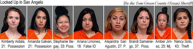 kimberan.jpg Locked up in San Angelo (by the Tom Green County, Texas, Sheriff): Kimberly Aidala, 21, possession; Amand Galvan, 21, possession; Stephanie Begay, 33, poss.; Ariana Limones, 18, false ID; Alejandra San Agustin, 27, p.; Brandi Samaniego, 37, poss.; Amber Jimez, 25, mj.; Nancy Soto, 43, theft