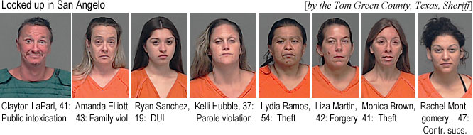 laparley.jpg Locked up in San Angelo (by the Tom Green County, Texas, Sheriff): Clayton LaParl, 41, public intoxication; Amanda Elliott, 43, family viol.; Ryan Sanchez, 19, DUI; Kelli Hubble, 37, parole violation; Lydia Ramos, 54, theft; Liza Martin, 42, forgery; Monica Brown, 41, theft; Rachel Montgomery, 47, contr. subs.