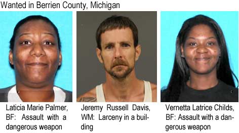 Wanted in Berrien County, Michigan: Laticia Marie Palmer, BF, assault with a dangerous weapon; Jeremy Russell Davis, WM, larceny in a building; Vernetta Latrice Childs, BF, assault with a dangerous weapon