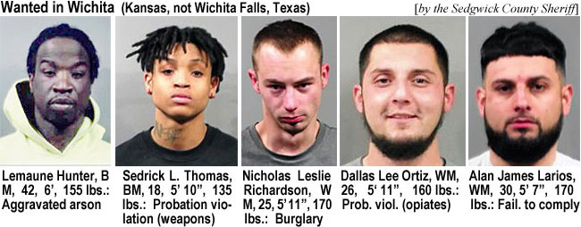 lemauner.jpg Wanted in Wichita (Kansas, not Wichita Falls, Texas) (by the Sedgwick County Sheriff): Lemaune Hunter, BM, 42, 6', 155 lbs, aggravated arson; Sedrick L. Thomas, BM, 18, 5'10", 135 lbs, probation violatikon (weapons); Nicholas Leslie Richardson, WM, 25, 5'11", 170 lbs, burglary; Dallas Lee Ortiz, WM, 26, 5'11", 160 lbs, prob. viol. (opiates); Alan James Larios, WM, 30, 5'7", 170 lbs., fail. to comply