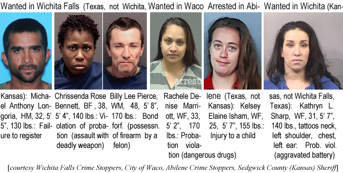 longoria.jpg Wanted in Wichita Falls (Texas, not Wichita, Kansas): Michael Anthony Longoria, HM, 32, 5'5", 130 lbs, failure to register; Chrissenda Rose Bennett, BF, 38, 5'4", 140 lbs, violation of probation (assault with deadly weapon); Billy Lee Pierce, WM, 48, 5'8", 170 lbs, bond forf. (possessn. of firearm by a felon); Wanted in Waco: Rachele Denise Marriott, WF, 33, 5'2", 170 lbs, probation violation (dangerous drugs); Aarrested in Abilene (Texas, not Kansas): Kelsey Elaine Isham, WF, 25, 5'7", 155 lbs, injury to a child; Wanted in Wichita (Kansas, not Wichita Falls, Texas): Kathryn L. Sharp, WF, 31, 5'7", 140 lbs, tattoos neck, left shoulder, chest, left ear, prob. viol. (aggravated battery) (Wichit Falls Crime Stoppers, City of Waco, Abilene Crime Stoppers, Sedgwick County (Kansas) Sheriff)