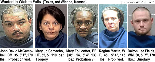 mccampbl.jpg Wanted in Wichita Falls (Texas, not Wichita, Kansas) (Texoma's most wanted) : John David McCampbell, BM,35, 6'1", 270 lbs, probation viol.; Mary Jo Camacho, HF, 55, 5', 110 lbs, forgery; Mary Zollicoffer, BF (sic), 54, 5'4", 130 lbs, probation vi.; Regina Martin, WF, 45, 5'4", 145 lbs, prob. viol.; Dalton Lee Fields, WM, 30, 5'7", 170 bs, burglary