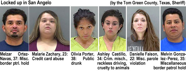 melzaror,jpg Locked up in San Agelo (by the Tom Green County, Texas, Sheriff): Melzar Ortez-Navas, 37, misc border ptrl hold; Mlarie Zachary, 23, credit card abuse; Olivia Porter, 38, public drunk; Ashley Castillo, 34, crim. misch., reckless driving, cruelty to animals; Danielle Faison, 22, misc parole violation; Melvin Gonzalex-Perez, 35, miscellaneous border patrol hold