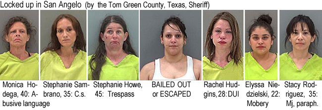 monicaho.jpg Locked up in San Angelo (by the Tom Green County, Texas, Sheriff): Monica Hodega, 40, abusive language; Stephanie Sambrano, 35, c.s.; Stephanie Howe, 45, trespass; BAILED OUT or ESCAPED; Rachel Hudgins, 28, DUI; Elyssa Niedzielski, 22, mobery; Stacy Rodriguez, 35, mj, paraph