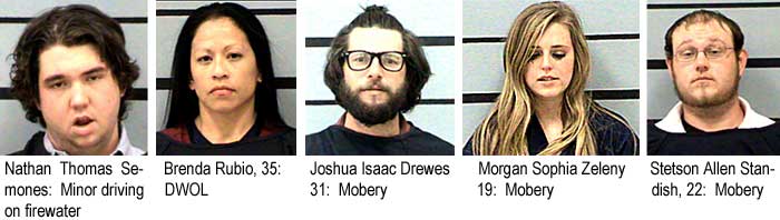 Nathan Thomas Semones, minor driving on firewater; Brenda Rubio, 35, DWOL; Joshua Isaac Drewes, 31, mobery; Morgan Sophia Zeleny, 19, mobery; Stetson Allen Standish, 22, mobery