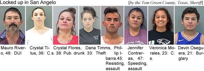 oseguera.jpg Mauro Rivero, 48, DUI; Crystal Titus, 36, c.s.; Crystal Flores, 38, pub. drunk; Dana Timms, 33, theft; Phillip Ibarra, 45, resisting, assault; Jennifer Contreras, 47, speeding, assault; Veronica Morales, 23, c.s.; Devin Oseguer, 21, burglary