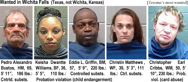 pebustos.jpg Wanted in Wichita Falls (Texas, not Wichita, Kansas) (Texoma's most wanted): : Pedro Alejandro Bustos, HM, 69, 5'11", 186 lbs, cntrld. substs.; Keisha Dwantte Williams, BF, 36, 5'5", 110 lbs, probation violation (child endangerment); Eddie L. Griffin, BM, 57, 5'9", 220 lbs, controlled substs.; Christin Matthews, WF, 39, 5'3", 111 lbs, ctrl. substs.; Christopher Earl Cribbs, WM, 50, 5' 10", 230 lbs, prob. viol. (card abuse)