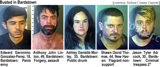 penisenv.jpg Busted in Bardstown (Nelson County Gazette): Edward Geronimo Gonzalez-Perez, 18, Bardstown, penis envy; Anthony John Linton, 49 Bardstown, forgery, assault; Ashely Danielle Morley, 35, Bardstown, public drunk; Shawn David Thomas, 44, New Haven, flagrant nonsupport; Jason Tyler Adcock, 30, Bardstown, criminal trespass 2