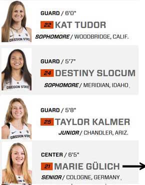 pivec03.jpg guard 6'0" 22 Kat Tudor, sophomore, Woodbridge, Calif.; guard 5'7" 24 Destiny Slocum sophomore, Meridian, Idaho; guard 5'8" 25 Taylor Kalmer, junior, Chandler, Ariz.; center 6'5", 27 Marie Gulich, senior, Cologne, Germany