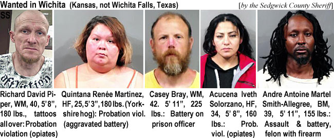 quintana.jpg Wanted in Wichita (Kansas, not Wichita Falls, Texas) (by the Sedgwick County Sheriff): Richard David Piper,40, 5'8", 180 lbs, tattoos all over, probation violation (opiates); Quintana Renée Martinez, HF, 25, 5'3", 180 lbs (Yorkshire hog), probation viol. (aggravated battery); Casey Bray, WM, 42, 5'11", 225 lbs, battery on prison officer; Acucena Iveth Solorzano, HF, 34, 5'8", 160 lbs, prob.viol. (opiates); Andre Antoine Martel Smith-Allegree, BM, 39, 5'11", 155 lbs, assault & battery, felon with firearm