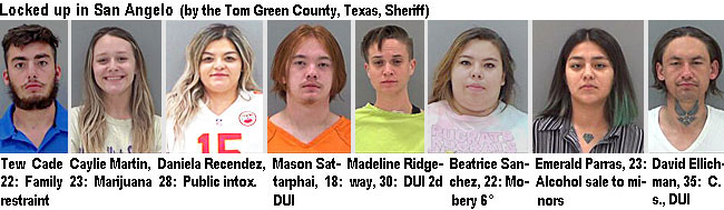 recendez.jpg Locked up in San Angelo (by the Tom Green County, Texas, Sheriff): Tew Cade,22, family restraint; Caylie Martin, 23, marijuana; Deniela Recendez, 28, public intox.; Mason Sattarphai, 18, DUI; Madline Ridgeway, 30, DUI 2d; Beatrice Sanchez, 22, mobery 6°; David Ellichman, 35, c.s., DUI