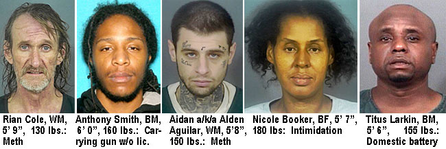 riancole.jpg Rian Cole, WM, 5'9", 130 lbs, meth; Anthony Smith, BM, 6'0", 160 lbs, carrying gun w/o lic.; Aidan a/k/a Alden Aguilar, WM, 5'8", 150 lbs, meth; Nicole Booker, BF, 5'7", 180 lbs, intimidation; Titus Larkin, BM, 5'6", 155 lbs, domestic battery