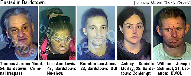 romemudd.jpg Busted in Bardstown (Nelson County Gazette): Thomas Jerome Mudd, 54, Bardstown,criminal trespass; Lisa Ann Lewis, 49, Bardstown, no-show; Brandon Lee Jones, 28, Bardstown, DUI; Ashley Danielle Morley, 35, Bardstown, contempt; William Joseph Schmidt, 31, Lebanon, DWOL