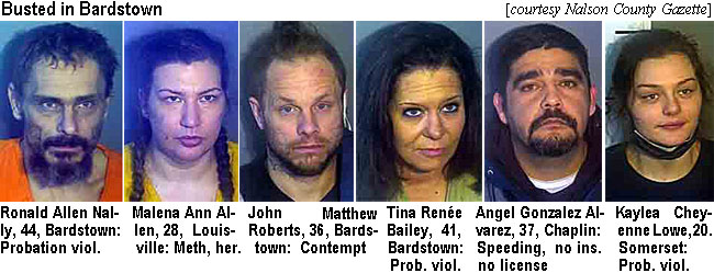 ronnally.jpg Busted in Bardstown: Ronald Allen Nally, 44, Bardstown, probation viol.; Melena ann Allen, 28, Louisville, meth, her.; John Matthew Roberts, 36, Bardstown, contempt; Tina Renée Bailey, 41, Bardstown, prob. viol.; Angel Gonzalez Alvarez, 37, Chaplin, Speeding, no ins.,no license; Kaylea Chenne Lowe, 20, Somerset, prob. viol. (Nelson County Gazette)