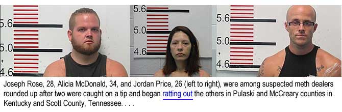 rosalici.jpg Joseph Rose, 28, Alicia McDonald, 34, and Jordan Price, 26, were among suspected meth dealers rounded up after two were caught on a tip and began ratting out the others in Pulaski and McCreary counties in Kentucky and Scott County, Tennessee. . . .