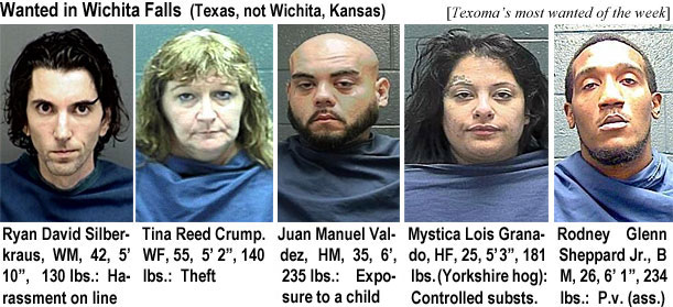 ryansilb.jpg wamted in Wichita Falls (Texas, not Wichita, Kansas) (Texoma's most wanted of the week): Ryan David Silberkraus, WM, 42, 5'10". 130 lbs, harassment on line; Tina Reed Crump, WF, 55, 5'2", 140 lbs, theft; Juan Manuel Valdez, HM, 35, 6', 155 lbs., exposure to a child; Mystica Lois Granado, HF, 25, 5'3", 181 lbs (Yorkshire hog), controlled substs.; Rodney Glenn Sheppart Jr., BM, 26, 6'1", 234 lbs, p.v. (ass.)