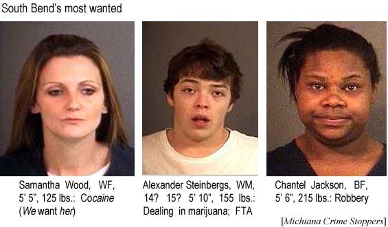 South Bend's most wanted: Samantha Wood, WF, 5'5", 125 lbs, cocaine (we want her); Alexander Steinbergs, WM, 14? 15? 5'10", 155 lbs, dealing in marijuana, FTA; Chantel Jackson, BF, 5'6", 215 lbs, robbery (Michiana Crime Stoppers)