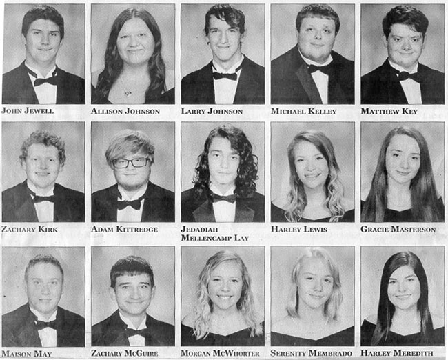 seniors5.jpg John Jewell, Allison Johnson, Larry Johnson, Michael Kelley, Matthew Kay, Zachary Kirk, Adam Kitteridge, Jedediah Mellencamp Lay, Harley Lewis, Grace Masterson, Maison May,Zachary McGuire, Morgan McWhorter, Serenity Membrado, Harley Meredith