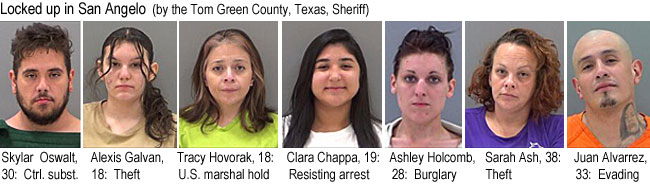 skylaros.jpg Locked up in San Angelo (by the Tom Green County, Texas, Sheriff): Skylar Oswalt, 30, ctrl. subst.; Alexis Galvan, 18, theft; Tracy Hovorak,18, U.S. marshal hold; Clara Chapa, 19, resisting arrest; Ashley Holcomb, 28i, burglary; Sarah Ash, 38, theft; Juan Alvaarez, 33, evading