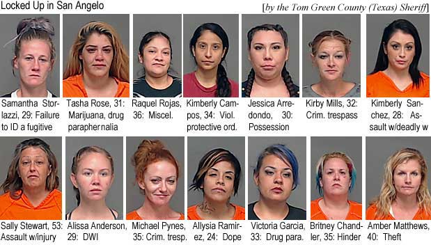 storlazz.jpg Locked up in San Angelo: Victoria Storlazzi, 29, failure to ID a fugitive; Tasha Rose, 31, marijuana, drug paraphernalia; Raquel Rojas, miscel; Kimberly Campos, 34, viol. protective ord.; Jessica Arredondo, 30, possession; Kirby Mills, 32, crim. trespass; Kimberly Sanchez, 28, assault w/deadly w; Sally Stewart, 53, assault w/injury; Alissa Anderson, 29, dwi; Michael Pynes, 35, crim. tresp.; Allysia Ramirez, 24, dope; Victoria Garcia, 33, drug para.; Britney Chandler, 35, hinder ; Amber Matthews, 40, theft (Tom Green County Sheriff)