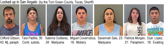 tarapadi.jpg Locked up in San Angelo (by the Tom Green County, Texas, Sheriff): Cliford Gibson, 42, mj, paraph.; Tara Padilla, 39, contr. substs.; Sabrina Gutierrez, 24, mariuana; Miguel Covarrubius, 18, mobery; Savannah Sais, 23, marijuana; Patricia Morgan, 21, paraphern.; Esai Lopez, 18, evasing