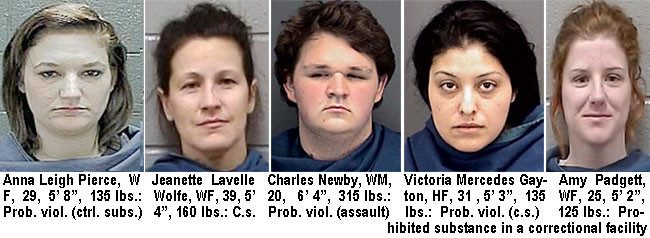 texgirls.jpg Anna Leigh Pierce, WF, 29, 5'8", 135 lbs, prob. viol. (ctrl. subs.); Jeanette Lavelle Wolfe, WF, 39, 5'4", 160 lbs, c.s.; Charles Newby, WM, 20, 6'4", 315 lbs, prob. viol. (assault); Victoria Meercedes Gayton, HF, 31, 5'3", 135 lbs, prob. viol. (c.s.); Amy Padgett, WF, 25, 5'2", 125 lbs, prohibited substances in a correctional facility