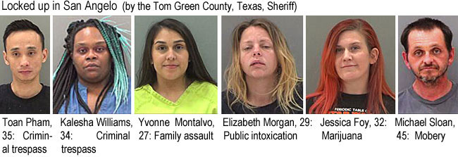 toanpham.jpg Locked up in San Angelo (by the Tom Green County, Texas, Sheriff: Toan Pham, 35, criminal trespass; Kalesha Williams, 34, criminal trespass; Yvonne Montalvo, 27, family assault; Elizabeth Morgan, 29, public intoxication; Jessica Foy, 32, marijuana; Michael Sloan, 45, mobery