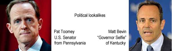 toomybev.jpg Political lookalikes: Pat Toomey, U.S. Senator from Pennsylvania; Matt Bevin, "Governor Selfie" of Kentucky