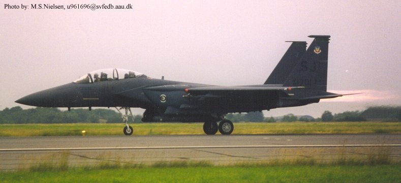 F-15E Strike Eagle, USAF, SJ(Seymour Johnson AFB), 1701.
Takeoff with afterburner, Karup AFB Denmark.
Exersice: Central Enterprice 98 15-26 of June.