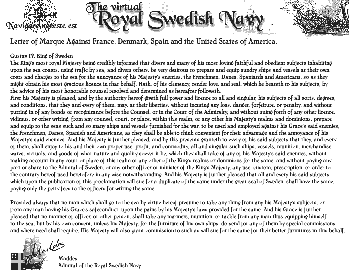 Letter of Marque of the Royal Swedish Navy