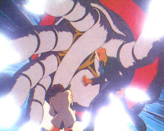 Giant Robo's enormous hand looks menacing enough, but he is only trying to rescue Daisaku, who is behind a forcefield (hence the lights on Robo's fingertips).
