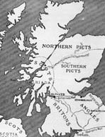 Albann at the beginning of the 9th century.  Beset by Vikings all along the coast and even inland, it had shrunk to a battered state with five distinct peoples, all striving for living space, the Northern Picts, the southern Picts, The Scots of Dalriada, the Britons of Strathclyde and the Angles of Lothian. 