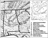 Click on thumbnail: Figure 1 (corrected) from the Castanea article. Left: county map of Alabama and portions of some nearby states; Bibb County, Alabama shaded in gray, with general location of Ketona Dolomite Glades marked with a white asterisk; horizontal hatching = known county distribution of Erigeron strigosus var. calcicola; vertical hatching = county distribution of Silphium perplexum. Right: guide to boundaries of states (dotted lines) and physiographic regions demarcated at left. Base map derived from Physical Map of the Southeast, copyright 1967 by Wilbur H. Duncan.