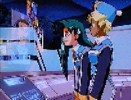 Kiyone and Mihoshi talking to Galaxy Police