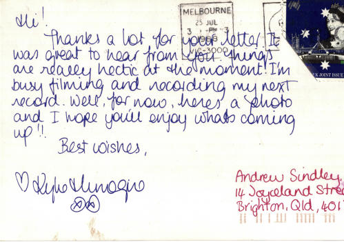 This quick thank you card and picture was sent out in 1988/89,  around the time of Kylie filming 