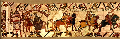Bayeux Tapestry, panel 1. Uncertainty haunts the English throne; King Edward has no offspring