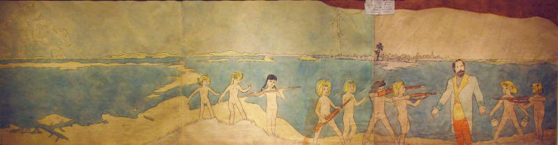  henry darger   “Despite outbreak of new storms, they force him to take them through enemy lines” 181/2 x 70 inches; Carbon transfer images and watercolor paint on paper c. 1950 