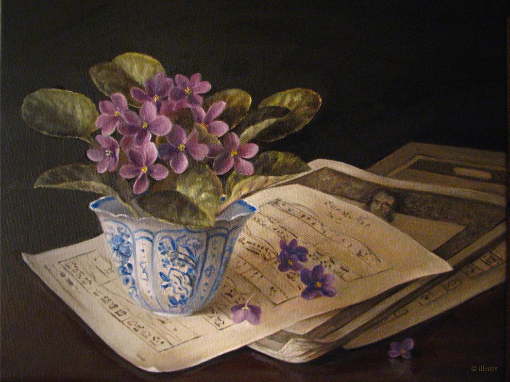  a vase with violets on a music score sheet 