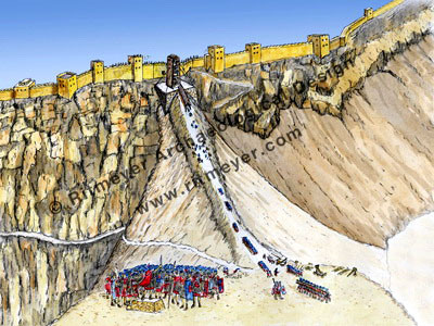  a representation of the roman seige tower constructed on the ramp at masada 