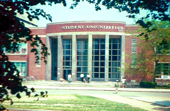 In 1975 the Student Organizing Project formed. One goal was to create a Student Union. This photo was taken in Spring 75 showing a slight alteration of the Student Union sign above the SUB. Photo by Robb Strycharz.