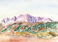 Pikes Peak am Morning, painting in Kansas, June 2001, Watercolor on paper, 6x8 inches