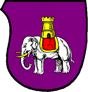 Purpure, an elephant statant, ivoried and castled Or, the cloth Gules bordered Or