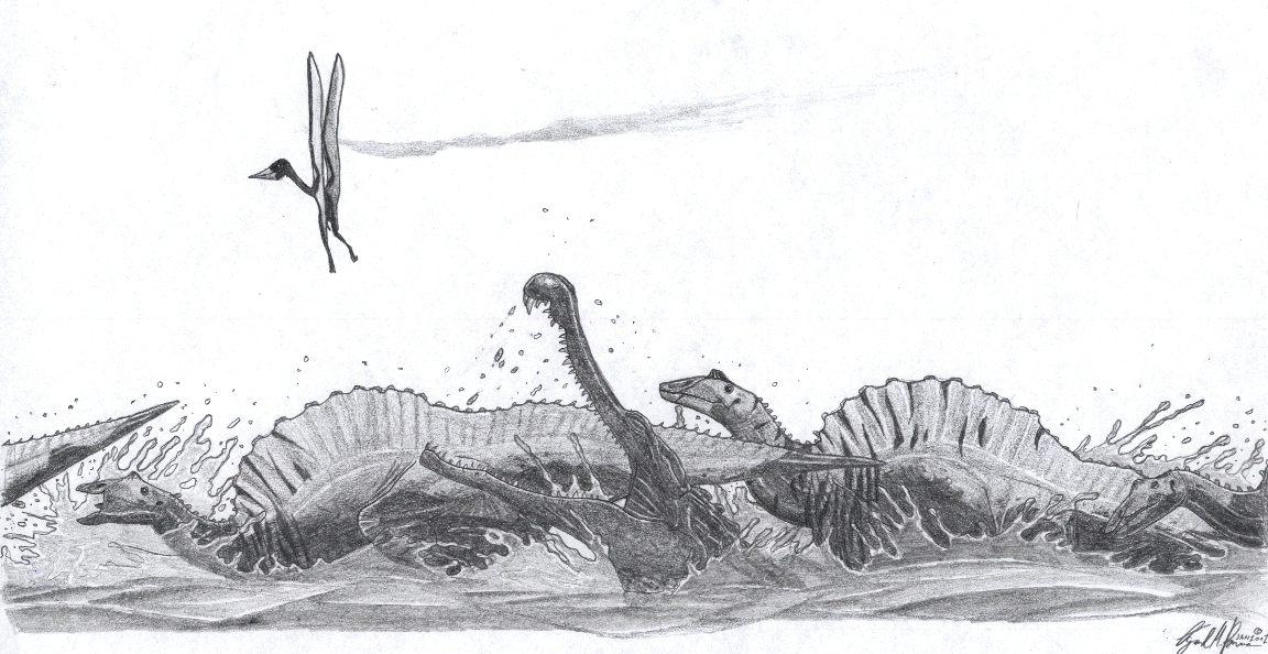 A Ouranosaurus herd is attacked by a Sarcosuchus