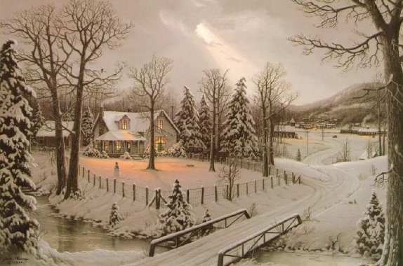 Snow blankets the country scene