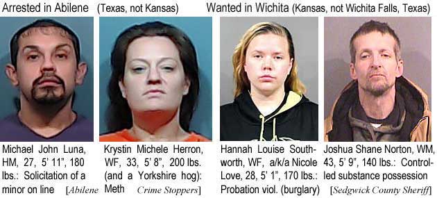 abwawich.jpg Arrested in Abilene (Texas, not Kansas): Michael John Luna, HM, 27, 5'11", 180 lbs, solicitation of a minor on line; Krystin Michele Herron, WF, 33, 5'8", 200 lbs (and a Yorkshire hog), meth; (Abilene Crime Stoppers); Wanted in Wichita (Kansas, not Wichita Falls, Texas): Hannah Louise Southworth, a/k/a Nicole Love, WF, 28, 5'1", 170 lbs, prob. viol. (burglary); Josh Shane Norton, WM, 43, 5' 9", 140 lbs, controlled substance possession (Sedgwick County Sheriff)