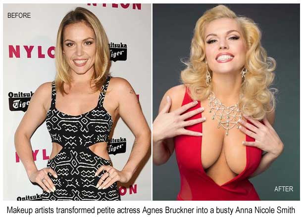 Makeup artists transformed petite actress Agnes Bruckner into a busy Anna Nicole Smith
